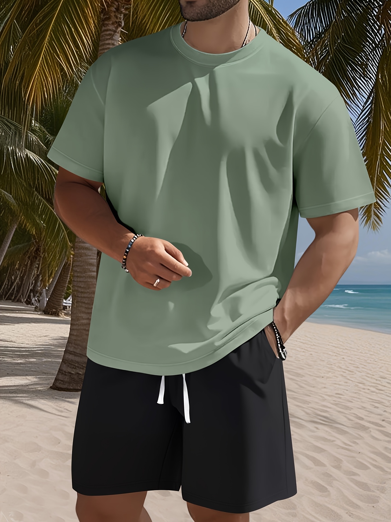 Men's Set, Solid Color Crew Neck Knit T-Shirt with Drawstring Cotton Shorts, Slightly Stretchy Fabric, Comfortable and Breathable, Perfect for Spring/Summer Outdoor Leisure and Sports, Keeps You Light and Carefree
