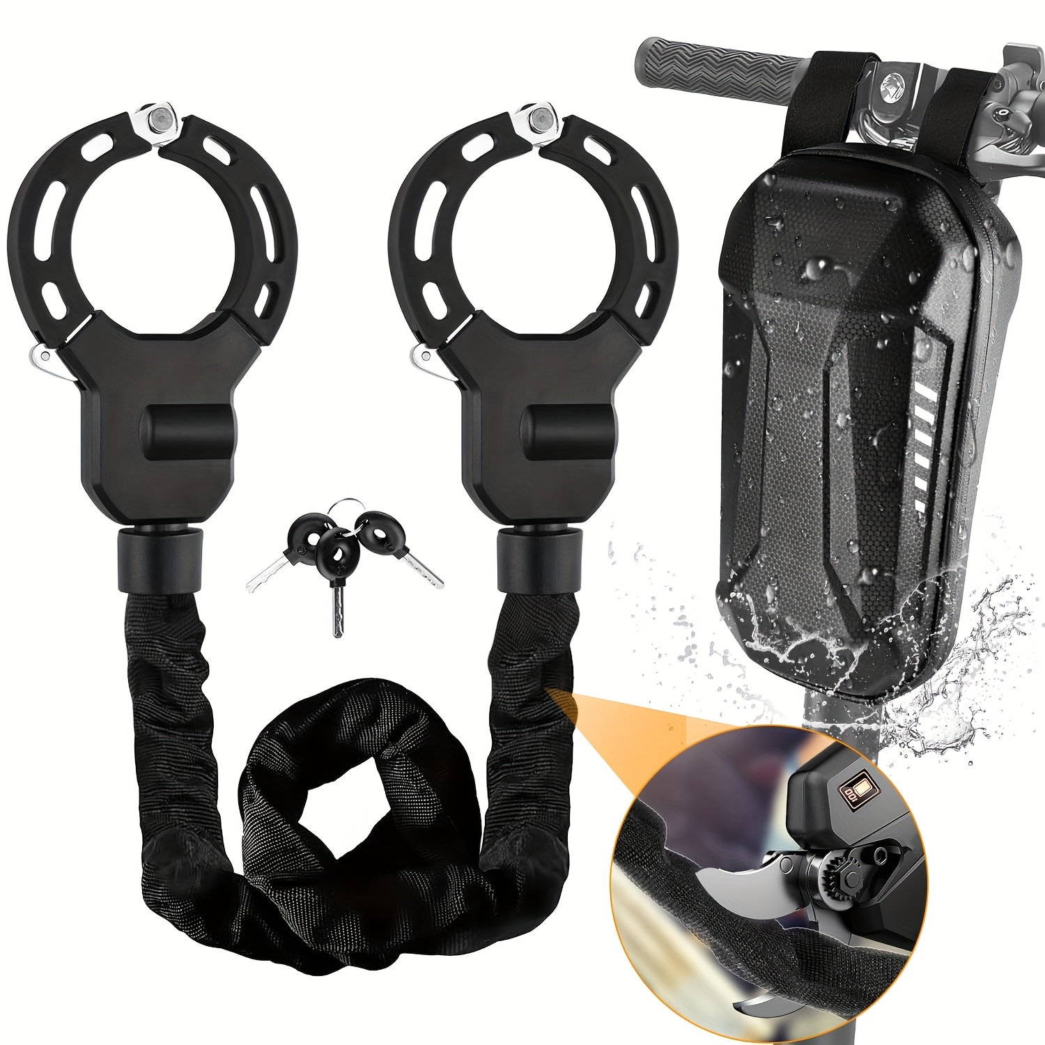 E-shop Elektro-Scooter-Schloss mit 3L wasserdichter Tasche, zwei Sicherheitsringe inklusive Schlüssel, Elektrofahrradschloss mit Gummischutz, 93 cm,