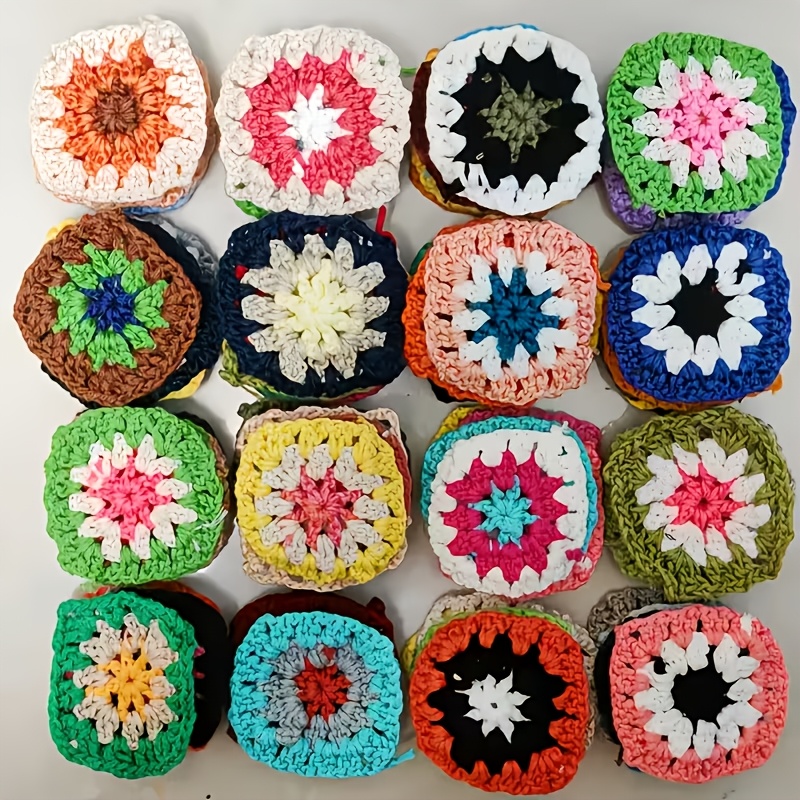 TEMU 16pcs Hand-crocheted Square Flower Set, Mixed Assortment, Random Colors, Bohemian Vintage Floral Pattern, High-quality Knitted Diy, Sweater