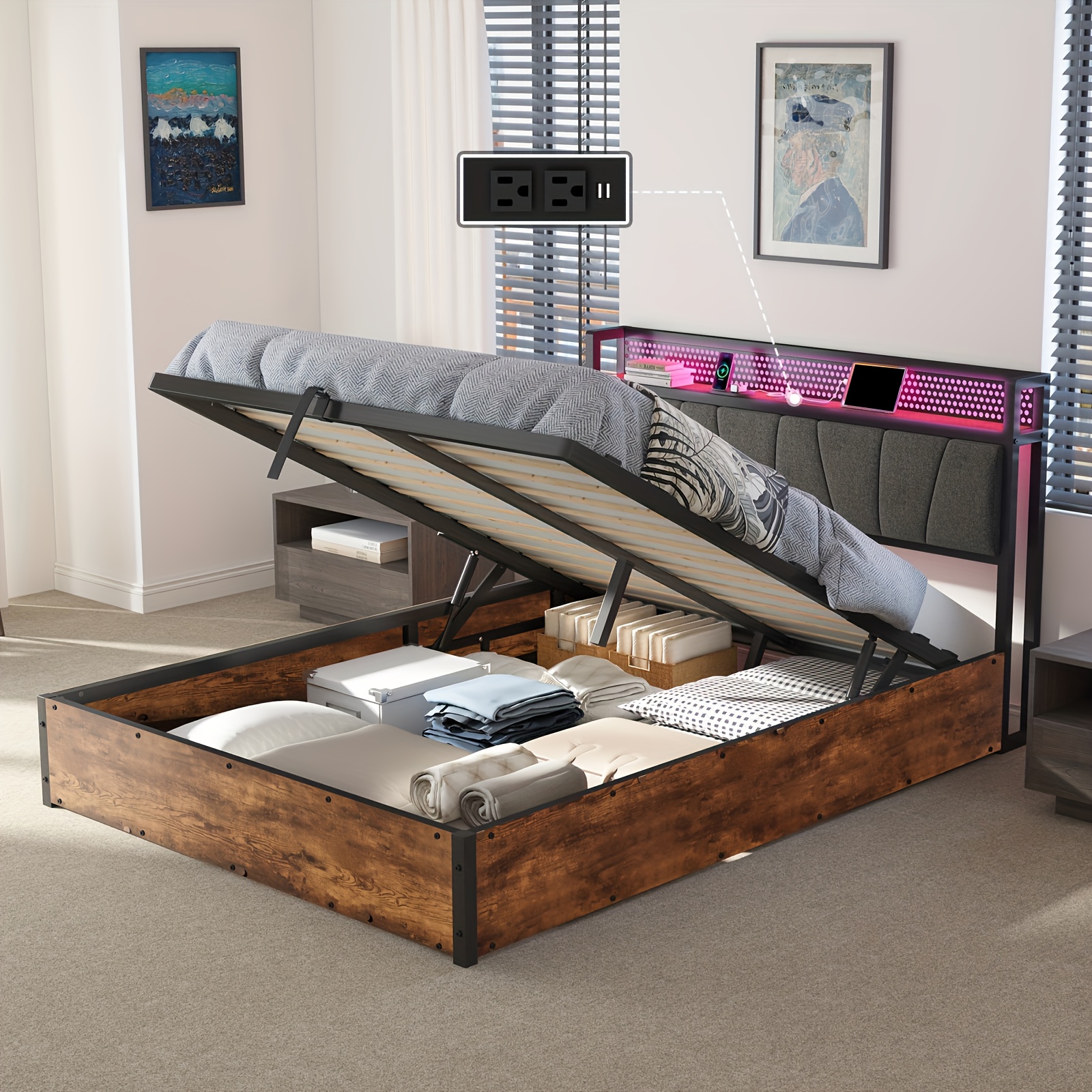 

Bed Frame With Linen Upholstered & Led Light & Storage Headboard, Platform Bed Frame With Charging Station, Spring Needed, Free