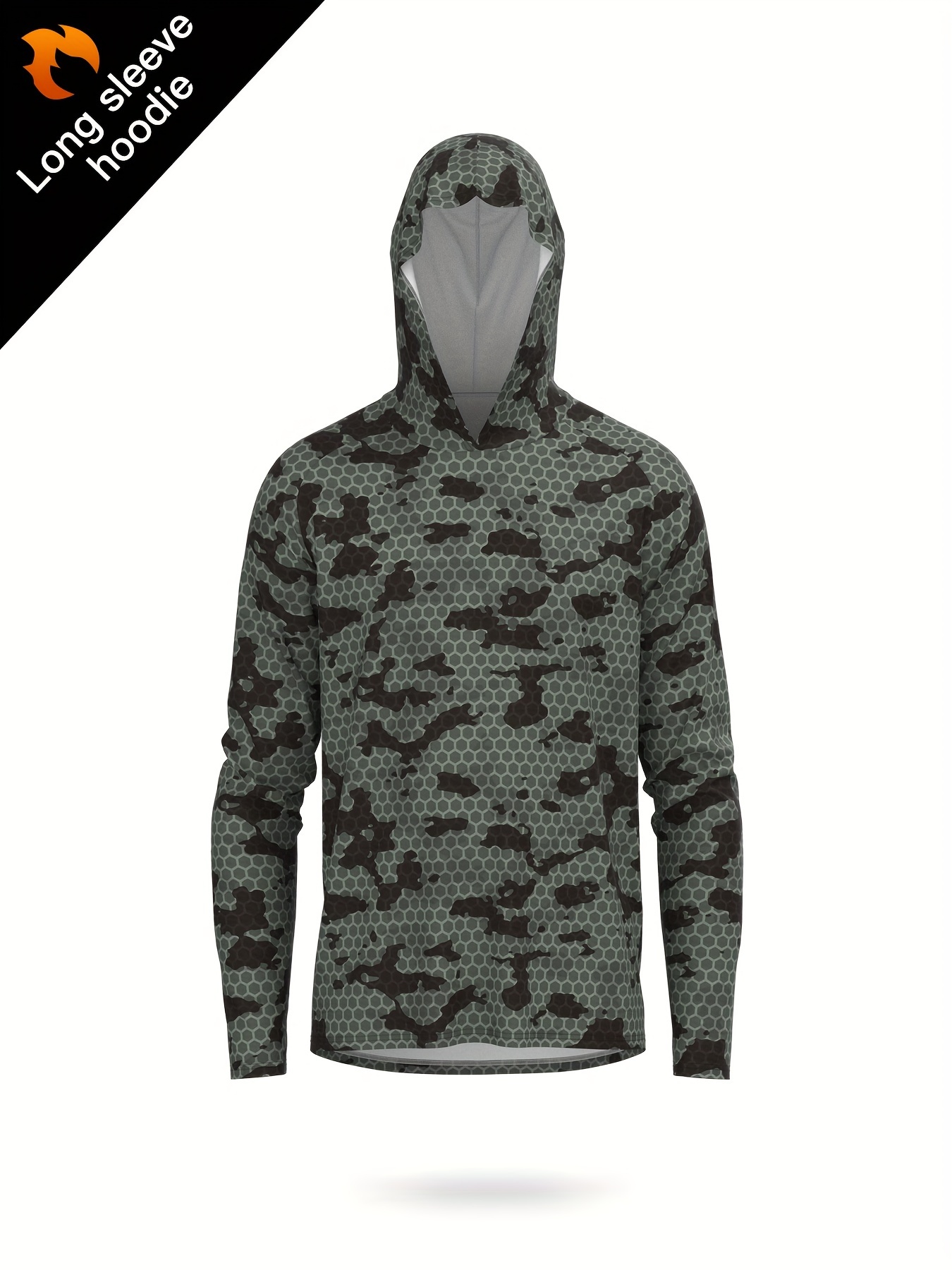 Men's Camouflage Print UPF 50+ Sun Protection Hooded Top, Long Sleeve High Stretch Rash Guard For Fishing Hiking Outdoor