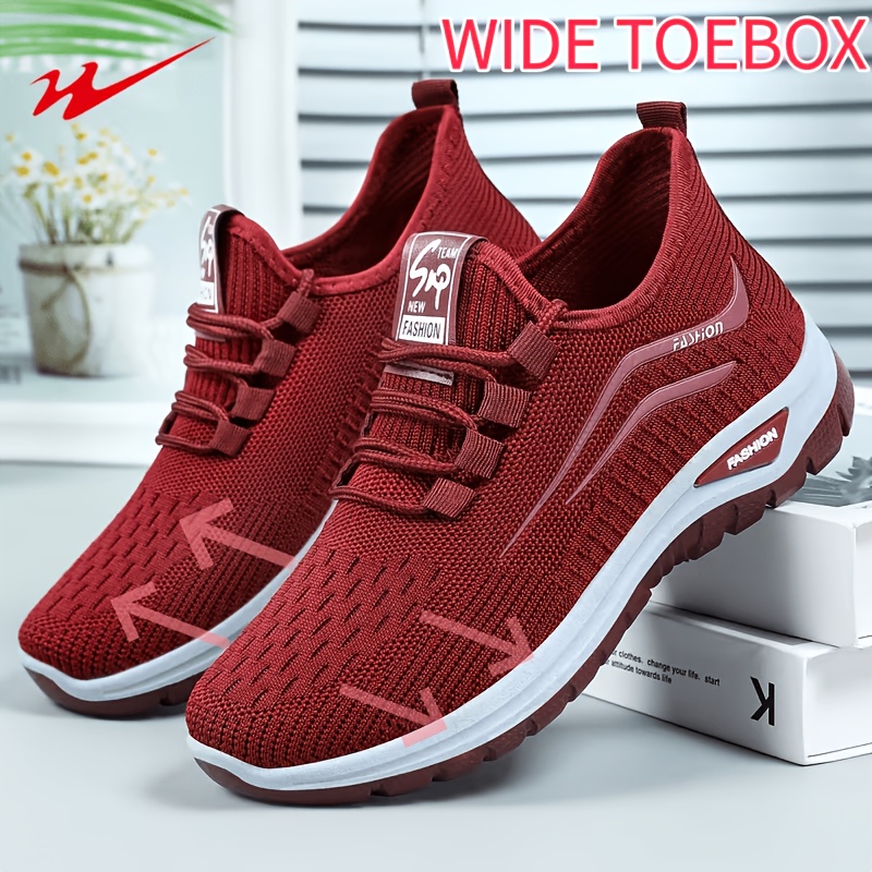 Ladies Wide Toe Breathable Mesh Slip-On Walking Shoes, No-Tie Elastic Lace Casual Sneakers