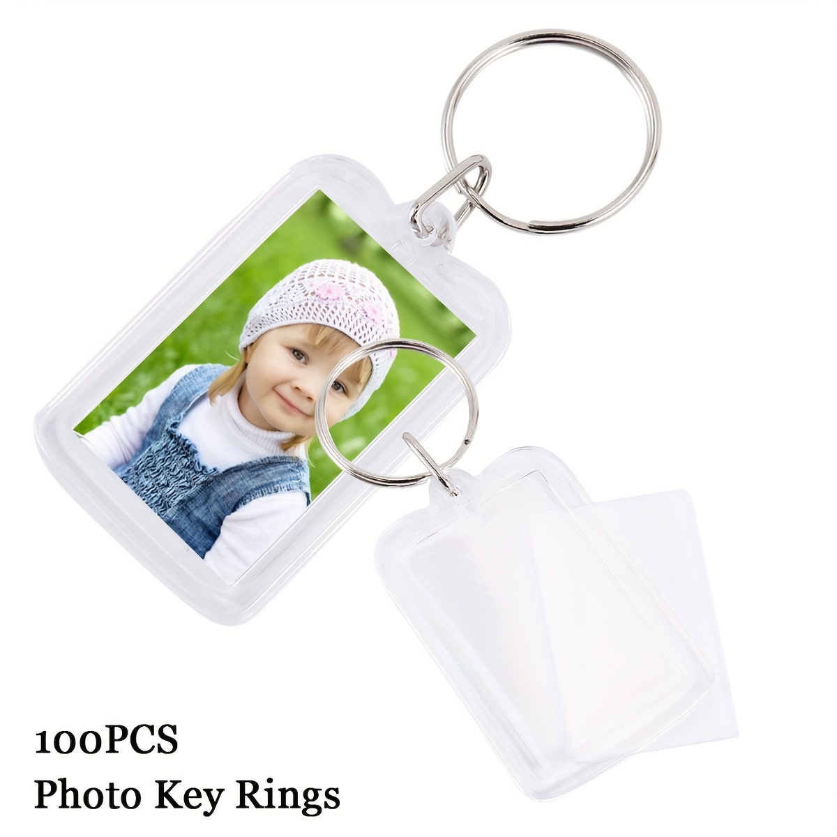 

100 Pcs Porte-clés photo vierges en acrylique avec double face transparente pour insérer des photos, avec anneau fendu pour la famille et les amis