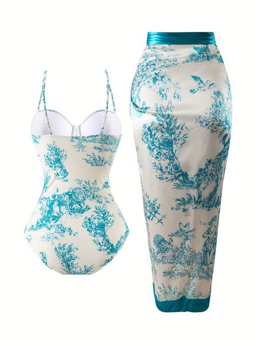sunscreen suit light blue printed fish tail style fit retro elegant beach vacation two piece swimsuit for women
