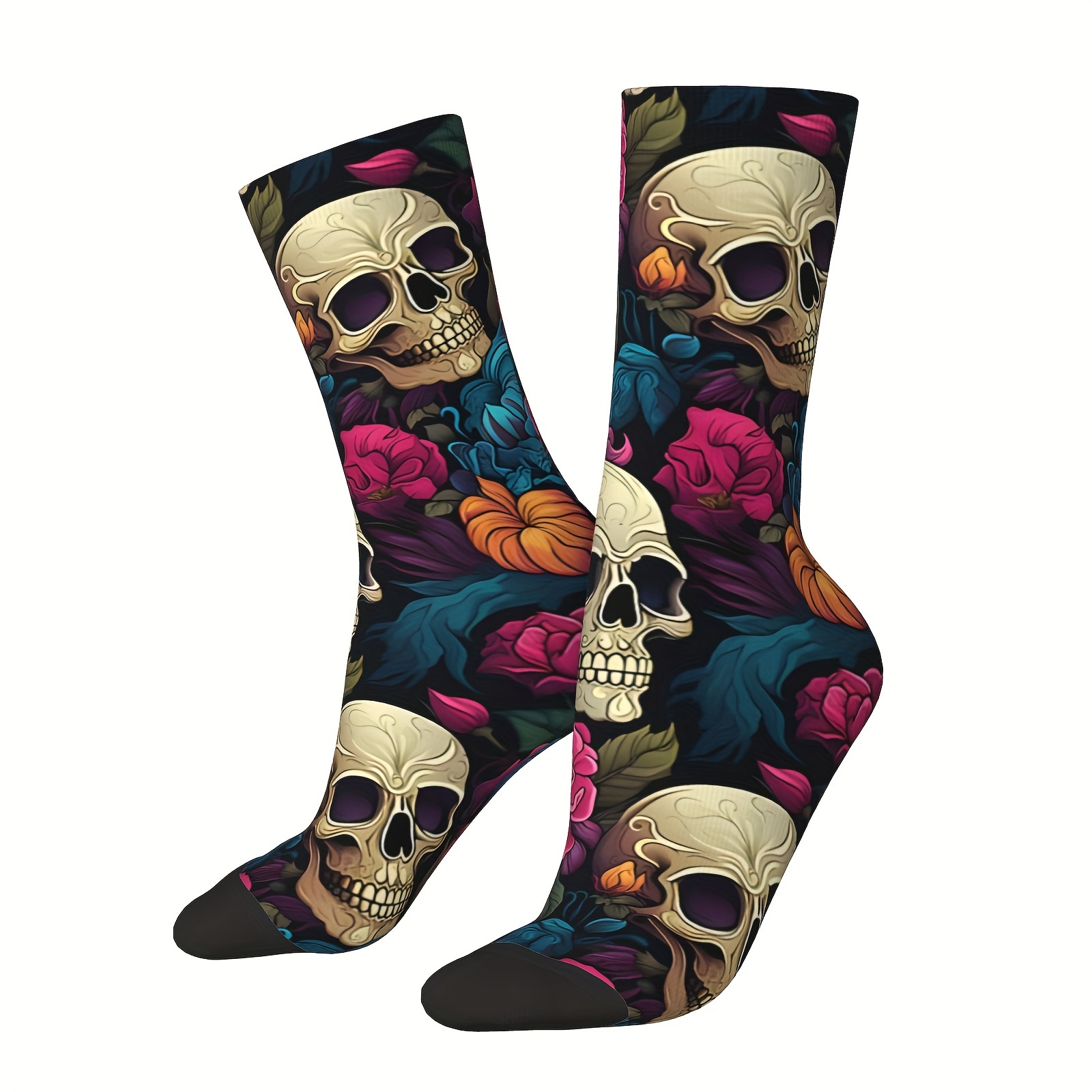 

1 Pair Men's Retro Skulls Flowers Print Compression Sock, Hip Hop Harajuku Pattern Seamless Sock, Novelty Gift