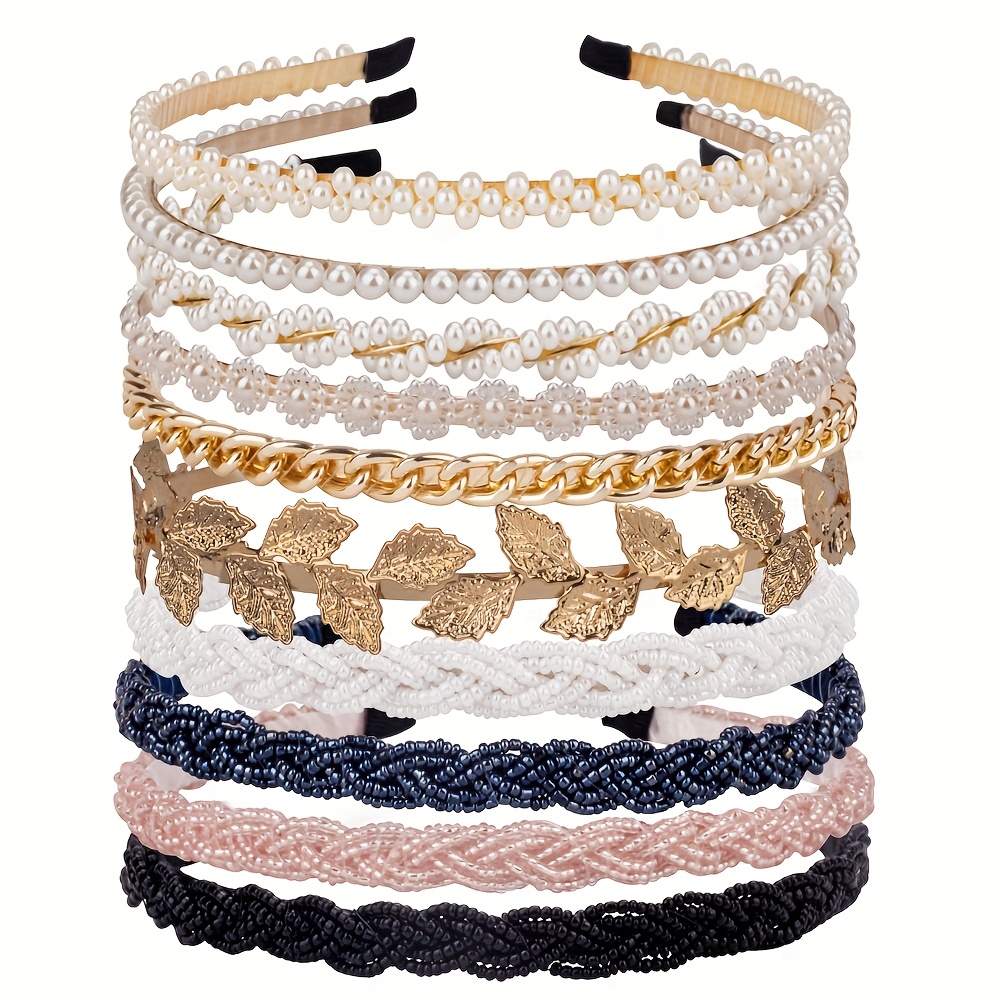 TEMU 10pcs Pearl Headbands No Slip Hair Accessories For Women Girls Black Solid Headbands Set Women's Hair Hair Hoop Pearl And Metal Headbands Beaded