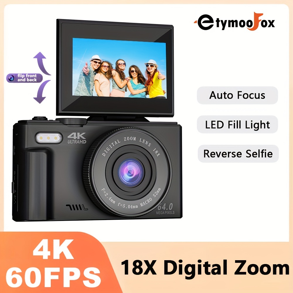 Cámara digital, mini cámara 4K Ultra HD para fotografía vlogging, zoom de  44 MP 1080P 16X, pantalla IPS de 2.4 pulgadas, luz de relleno integrada