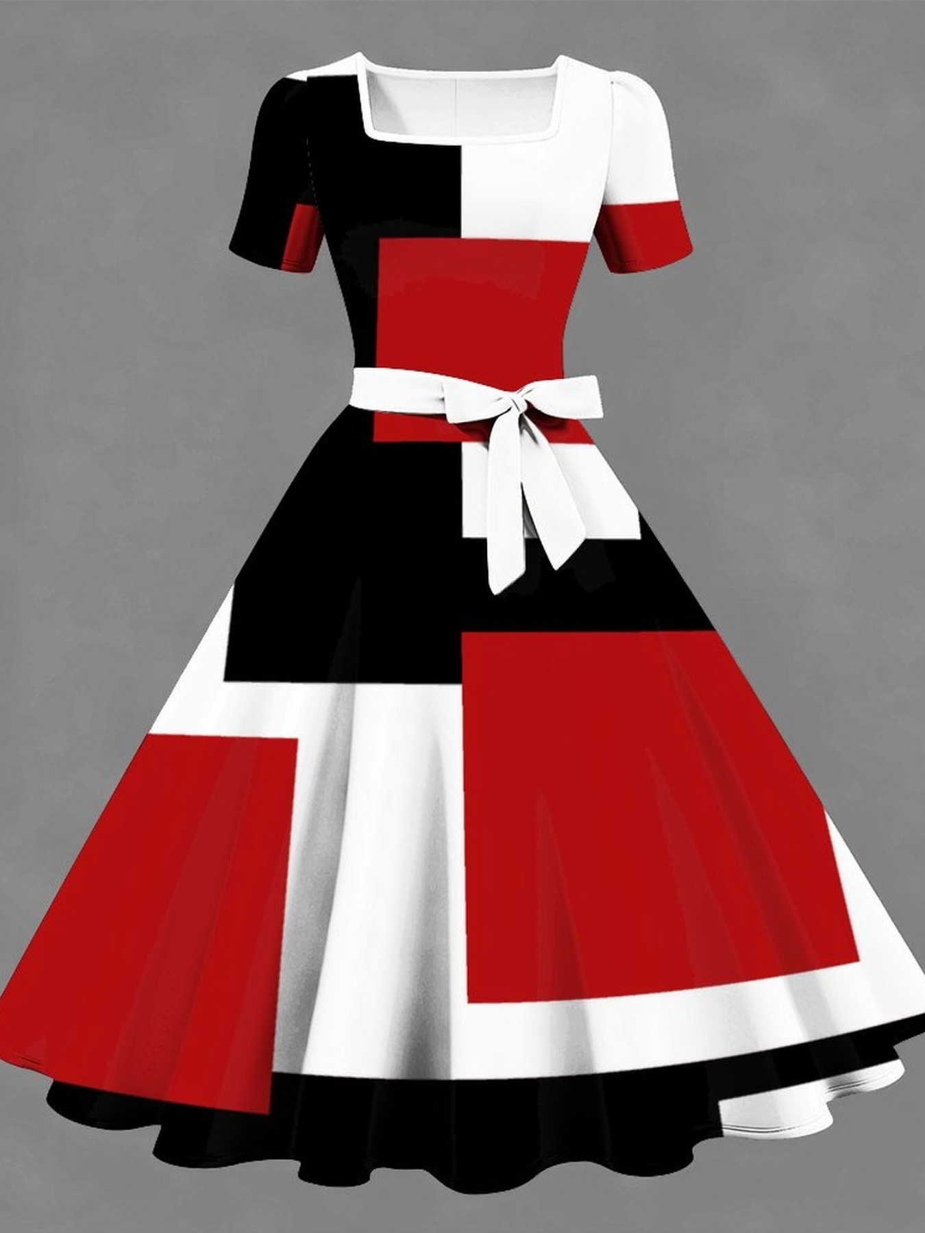 black white red dress Short Sleeve Printed A Line Dress Black Red