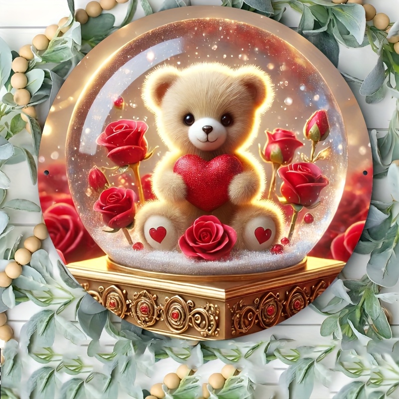 

Romantic Crystal Ball Wall Art - European & , Aluminum, Clear Picture Of Teddy Bear With Red Roses And - Ideal For Room, Wall, Restaurant, Bar, Cafe, Garage, Farmhouse Decor, Decor, Room Decor