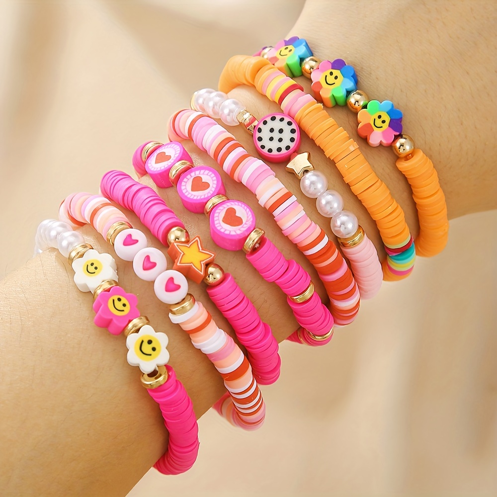 

Chic 8pcs Fruit & Floral Beaded Stretch Bracelet Set - Cute Vintage Style For Casual Attire