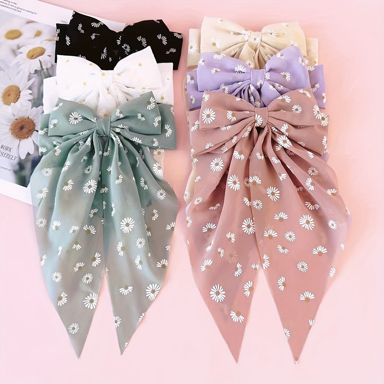 

6pcs Daisy Print Bow Hair Clip Set - Cute Fabric Spring Barrettes For Girls, Hair Accessories