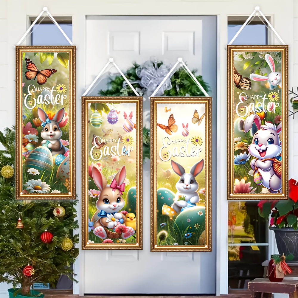 

4pcs Easter Bunny Polyester Banner Set, 15.7x39.3 Inches, Wall Decor Flags For Party, Room, Garden Entrance - No Electricity Needed, Fit Decor