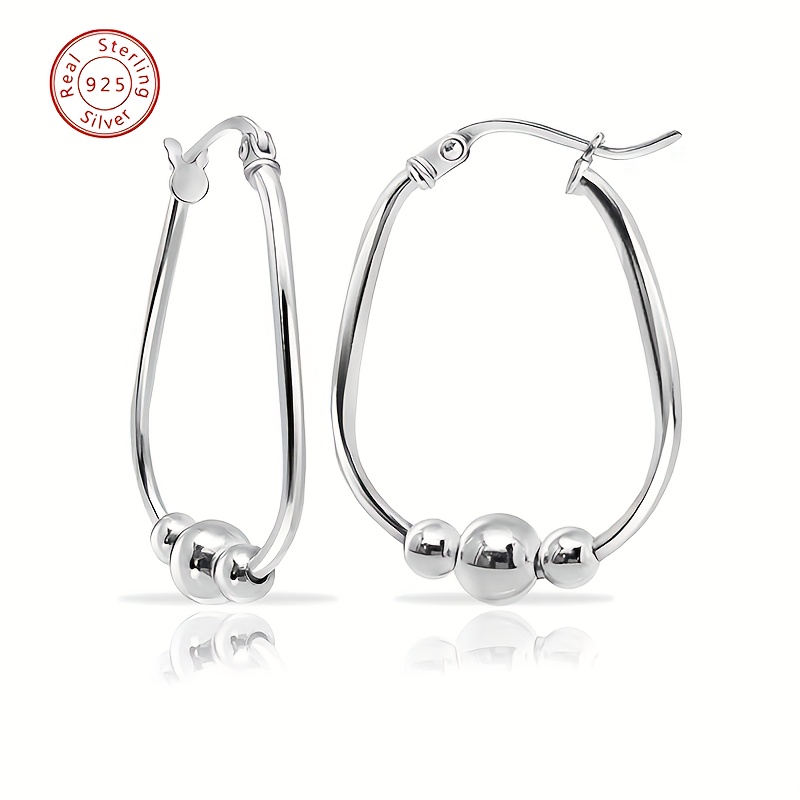 

S925 Sterling Silver 3pcs Beaded Hoop Earrings, 18mm Pendant Beaded Hoop Earrings, Suitable For Women, Exquisite Ear Jewelry With Gift Box