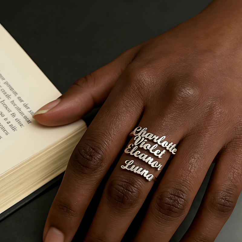 TEMU [customized] Customized Minimalist Popular Men's And Women's Name Ring - Personalized 304 304 304 Stainless Steel Jewelry, Adjustable Stacking,