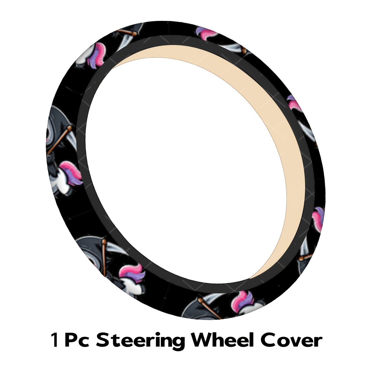 TEMU Cute Unicorn Reaper Steering Wheel Cover, Black, Soft Comfortable Touch, Non-slip , No Design, Car Interior Decor Accessories-fits Most Cars,