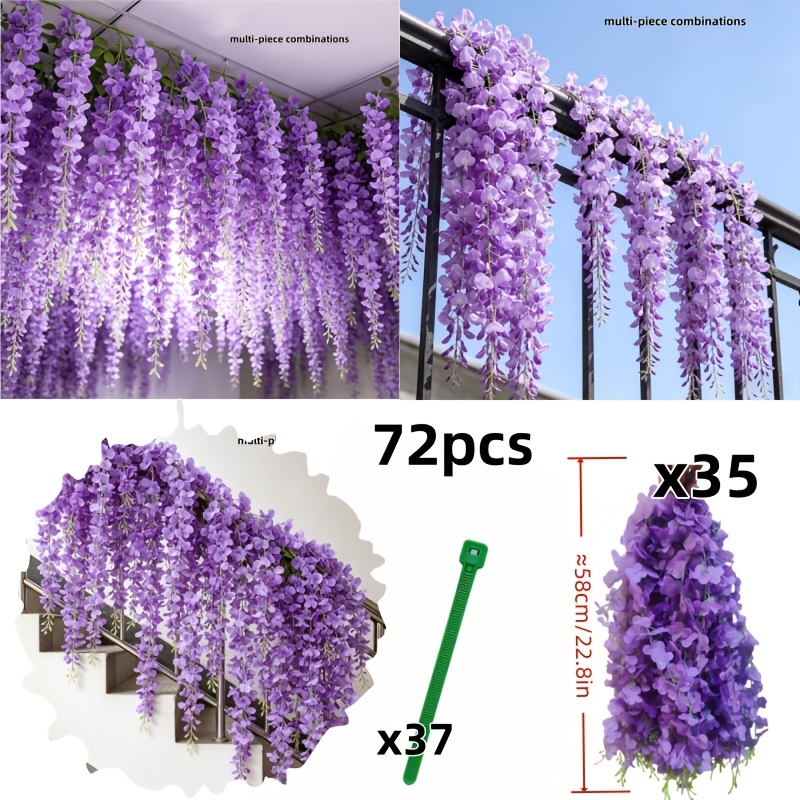 TEMU 72pcs Artificial Simulation Purple Wisteria Flower Vine Decoration - Spring/summer Artificial Wedding Arrangement, Durable Plastic Flowers