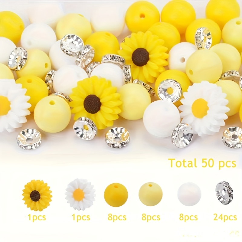 TEMU A Set Of 50 Daisy Rhinestones, Including 24pcs Of 12mm Round Silicone Beads, 2pcs Of Daisy Sunflower Silicone Beads, And 24pcs Of 10mm Sparkling