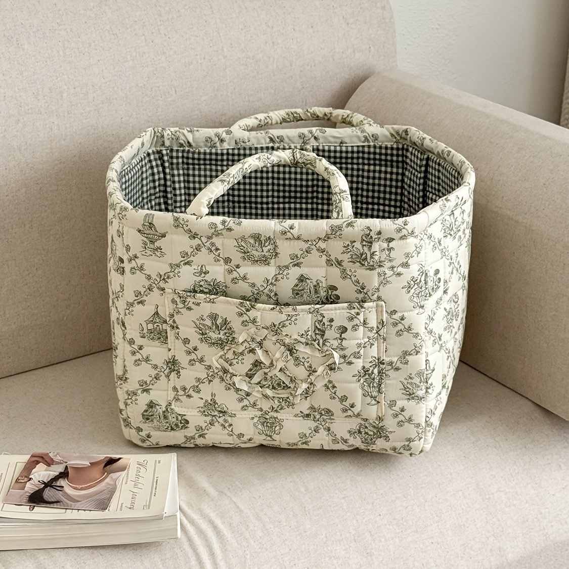 TEMU Bohemian Floral Quilted Storage Basket With Handle - Large Foldable Portable Organizer Suitable For Women & Girls, Multi- Basket For,, Laundry,
