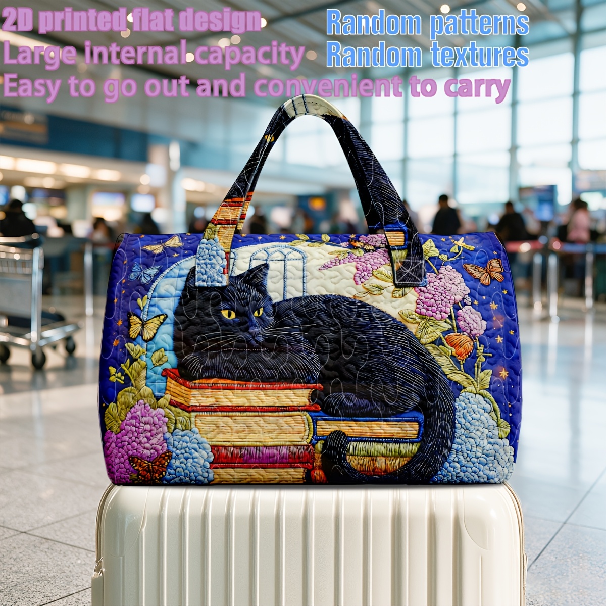 TEMU 1pc Vintage Artistic Style Black Cat Book Hydrangea Quilted Tote Travel Handbag For Cat Lovers For Holiday Gifting Portable Storage Organizer