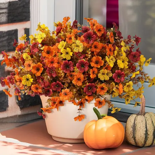 12 bundles artificial uv protected realistic outdoor indoor flowers non fading autumn floral decor in red yellow hanging porch balcony thanksgiving halloween wedding party decorations no maintenance needed durable plastic construction hanging artificial flowers porch decoration seasonal autumnthemed decor vibrant bouquet uvresistant nomaintenance greenery