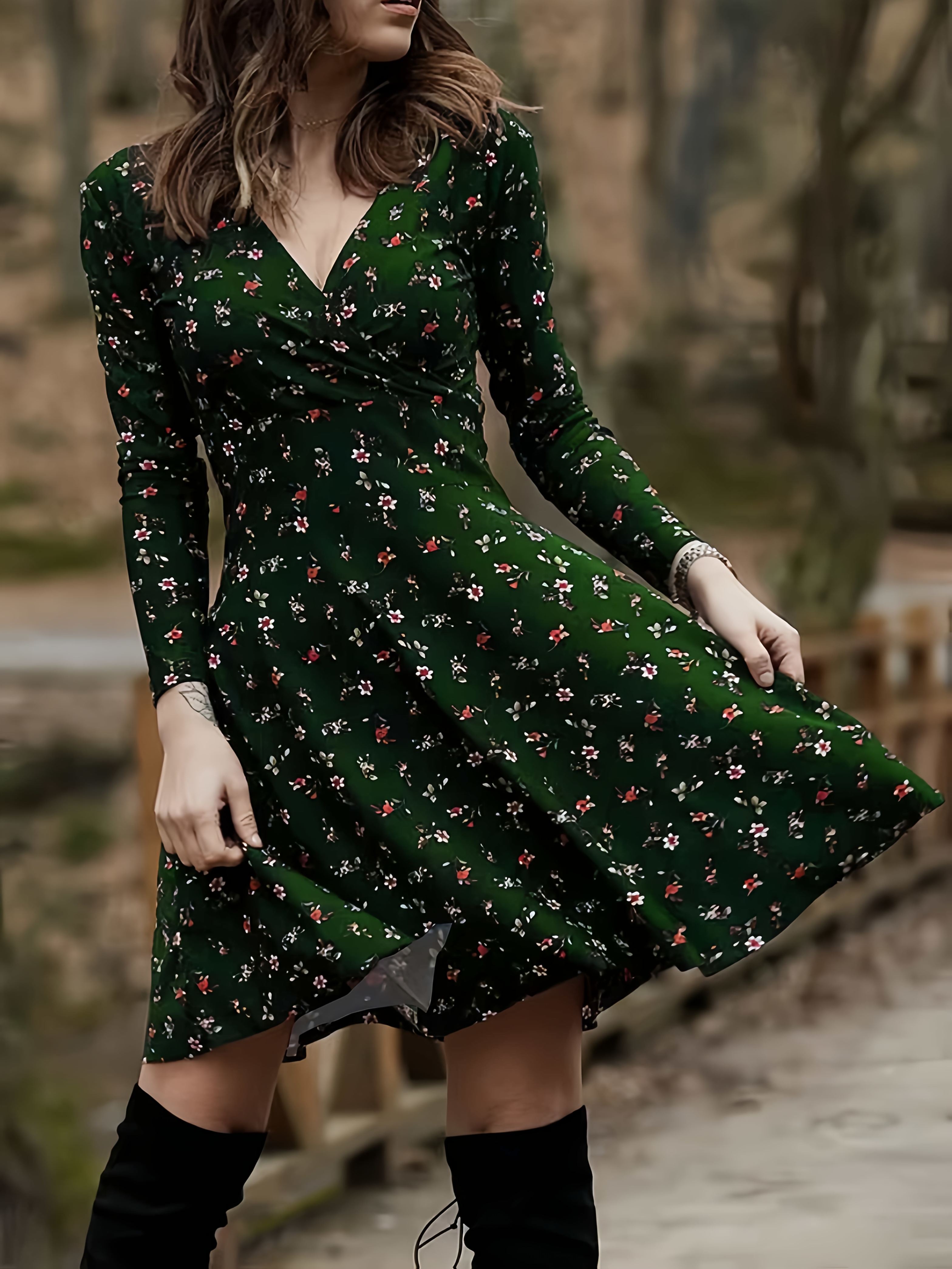 princess polly baby blue dress Elegant Directional Flower Print Autumn/winter Long Sleeve V-neck A-swing  Dress