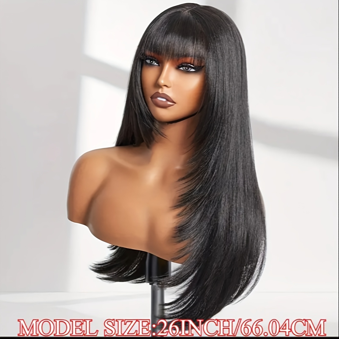 26inch glueless black wig bangs long straight layered - Temu