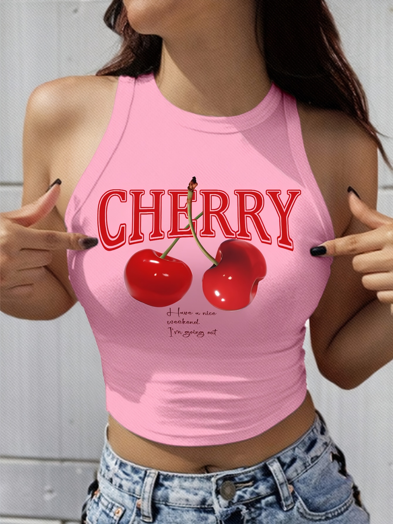 Women's Elegant Cropped Graphic Tank Top - Cherry Print Semi-Sheer Stretchy, Round Neck Sleeveless Shirt, Machine Washable All-Season Casual Top, Ladies Tank Tops, Playful Summer Wear
