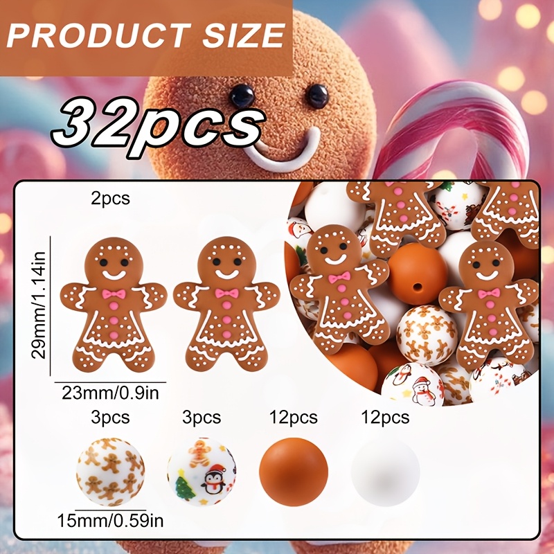 TEMU 32pcs Cute 3d 2026 New Christmas Gingerbread For Man Silicone Beads Set Wholesale, Beads For Jewelry Making, , Perfect For Diy Bracelets,