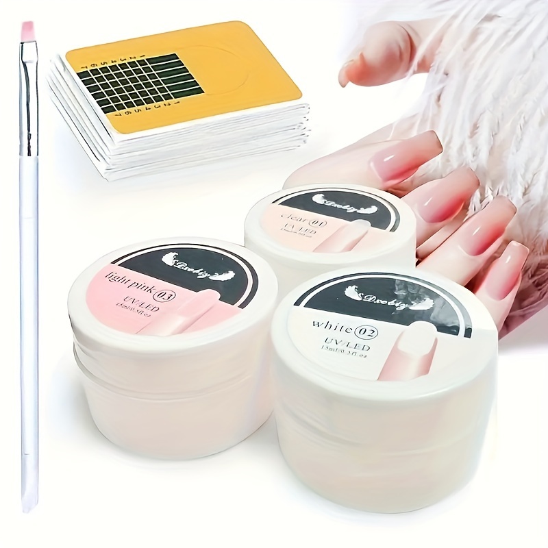 

3 Colors Nail Extension Gel Set With 50pcs Nail Forms And Acrylic Nail Brush For Beginners - Strengthen And Manicure Nails At Home