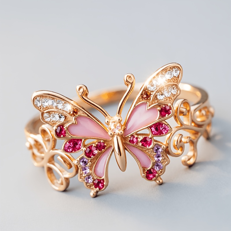 Retro Elegant Filigree Butterfly Ring with Pink Multicolor Zirconia