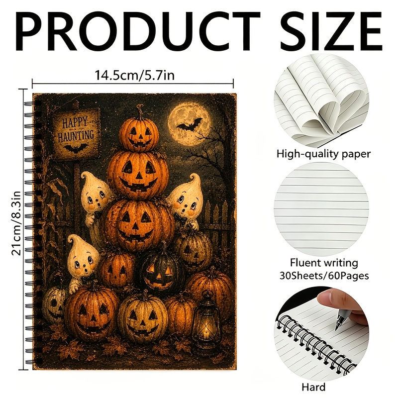 TEMU 1 Halloween Pumpkin And Ghost Spiral Notebook, 30 Pages With 60 Pages Coils, School Office And Back To , Halloween And Christmas Holiday Gifts