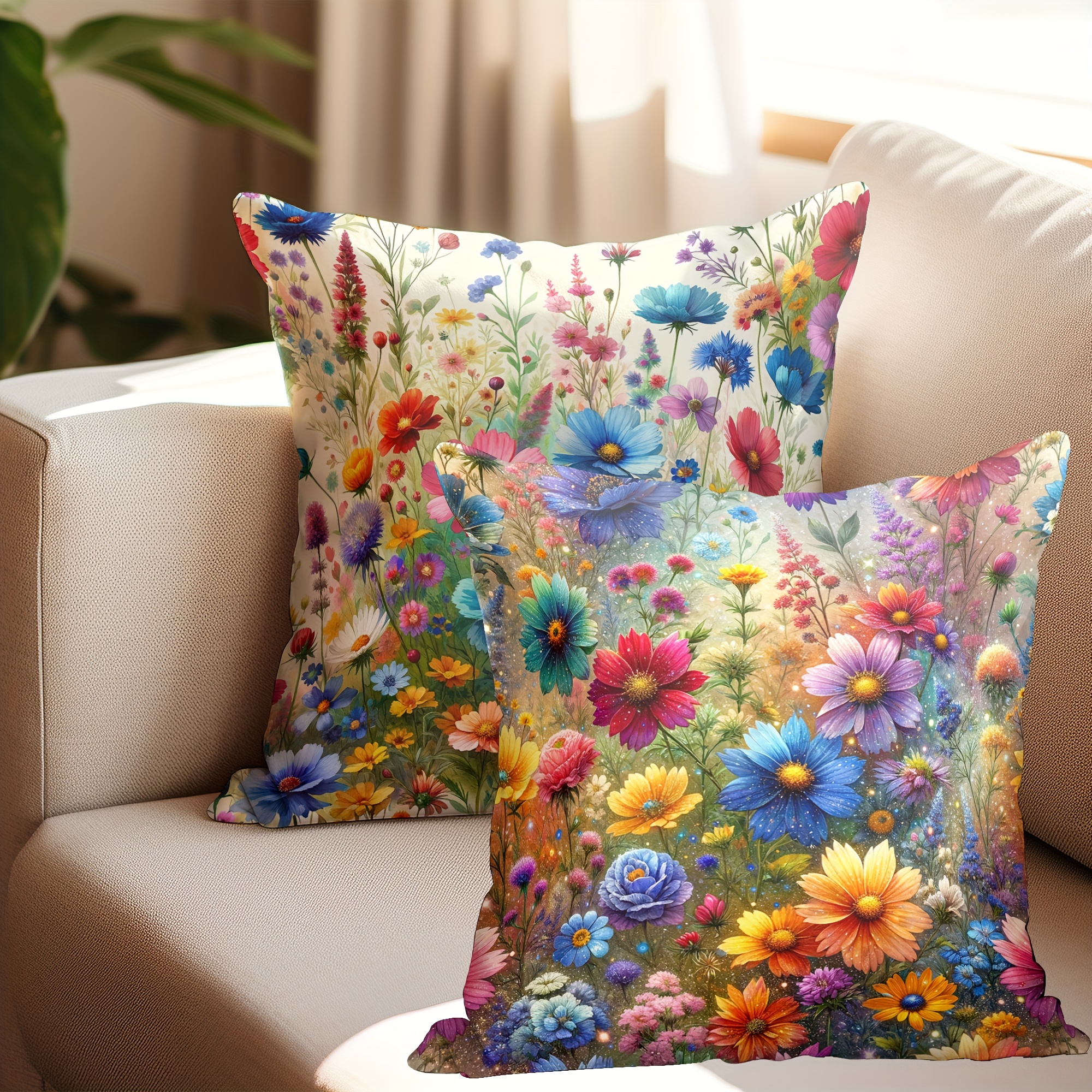 

Spring Blossom 2-piece Pillow Cover Set, Vibrant Wildflower Design, 18x18", Zippered, For Living Room & Bedroom Decor
