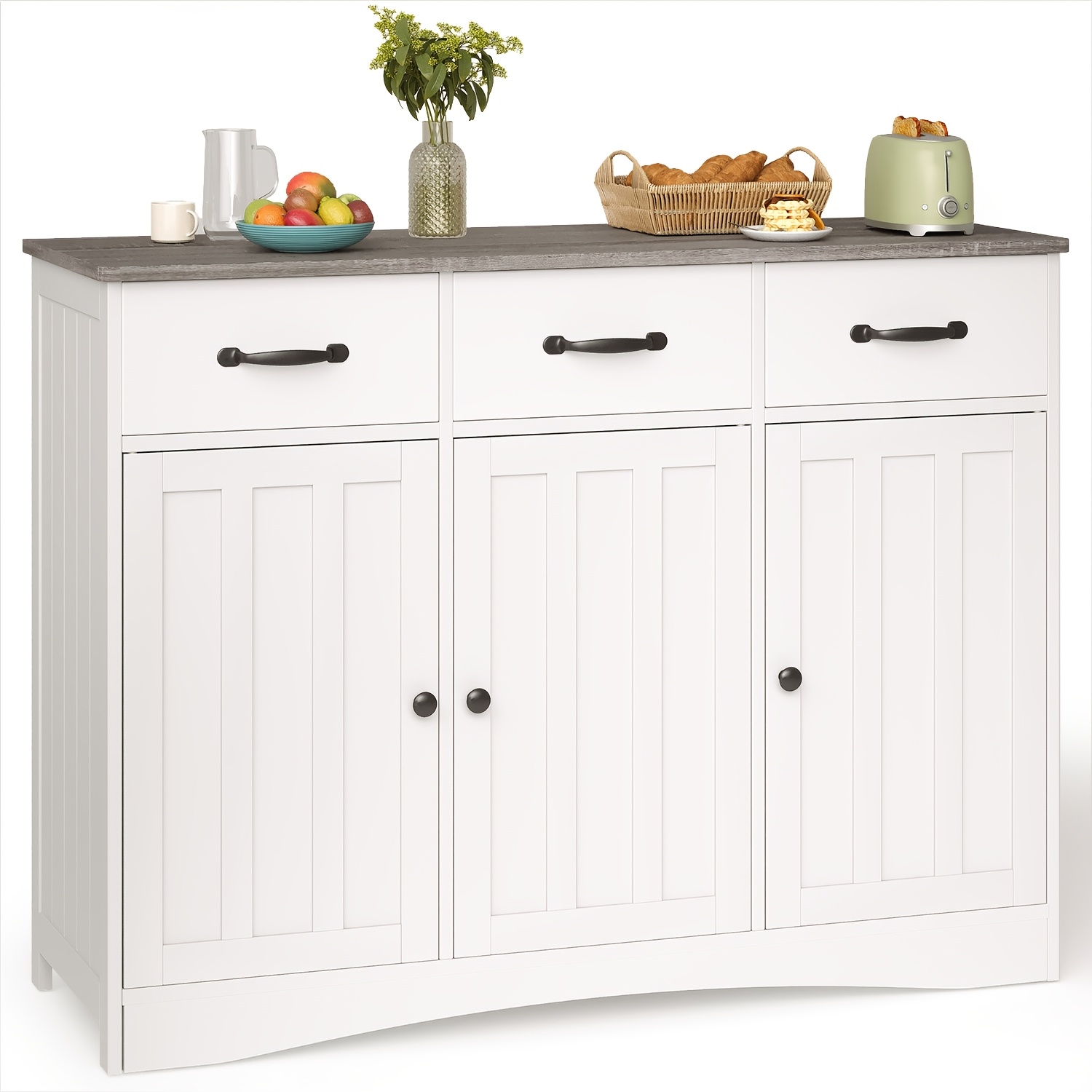 Image of Sideboard, 3--drawer Dining Storage Cabinet With Adjustable Shelves, Large Capacity Storage Space, Suitable For Kitchen, Dining Room, Hallway, 108x39x81cm