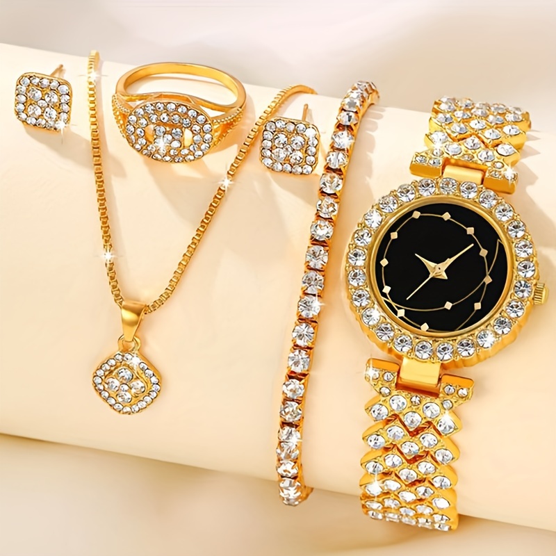 

6pcs Gloden Rhinestone Quartz Watches For Women Alloy Wrist Watch With Jewelry Set Great Gift For Her Mom Girlfriend Gifts For Eid