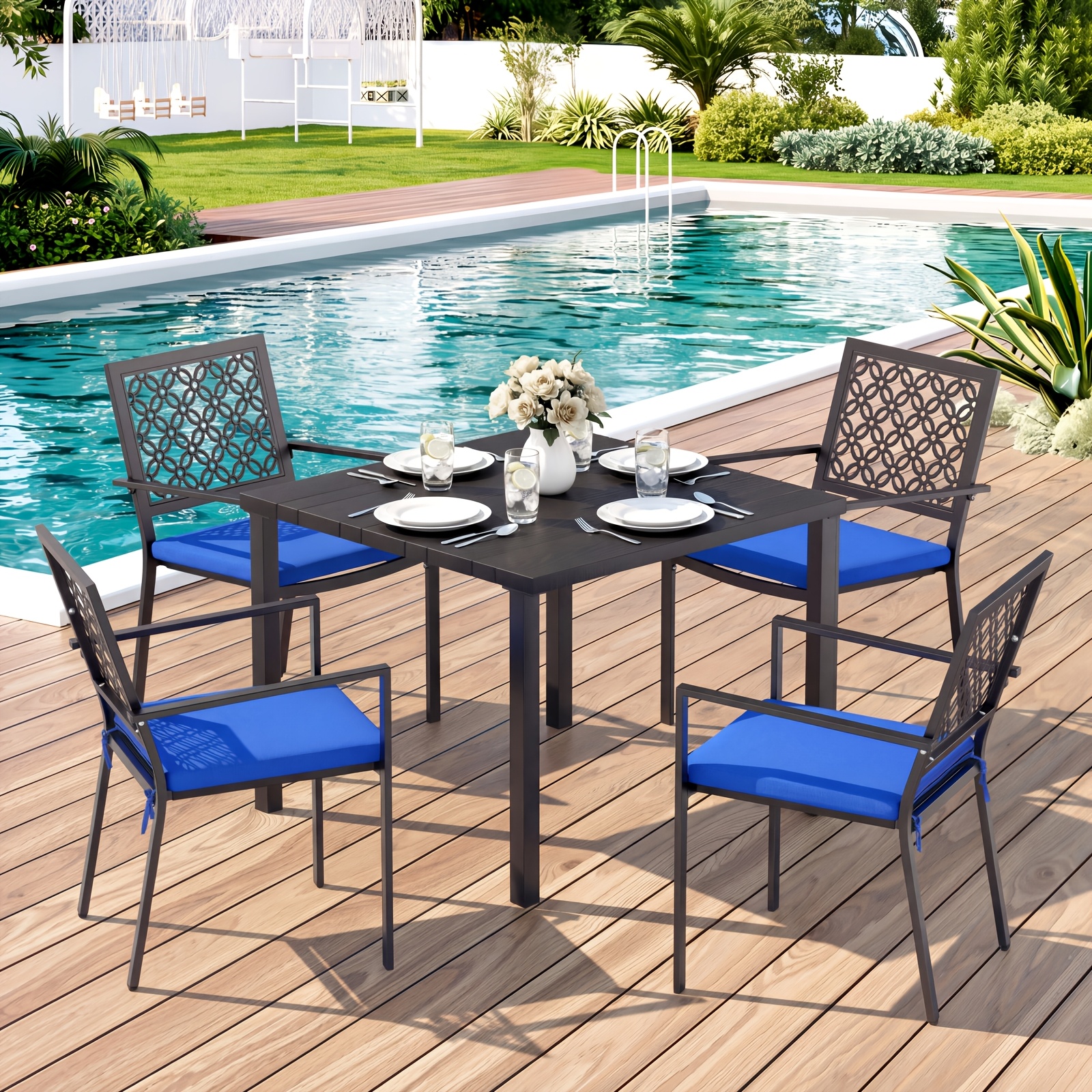 5pcs Outdoor Dining Set, Wood Grain Square Outdoor Patio Table And Chairs Set, Metal Dining Set with With 4 Spacious Dining Chair, All Weather Patio Furniture Set for Deck Garden
