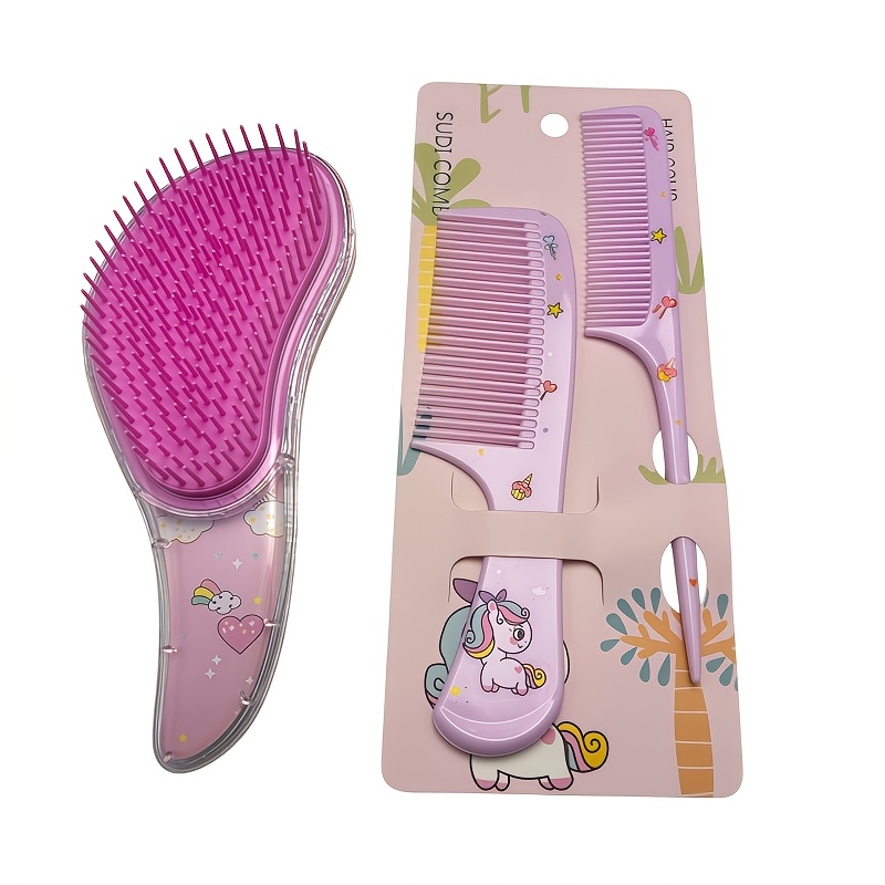 TEMU 3pcs Cute Unicorn Cartoon Hairbrush Set, Quicksand Glitter Detangling Air Cushion Brush + Wide-tooth Comb + Pointed Tail Pick Comb, Suitable For