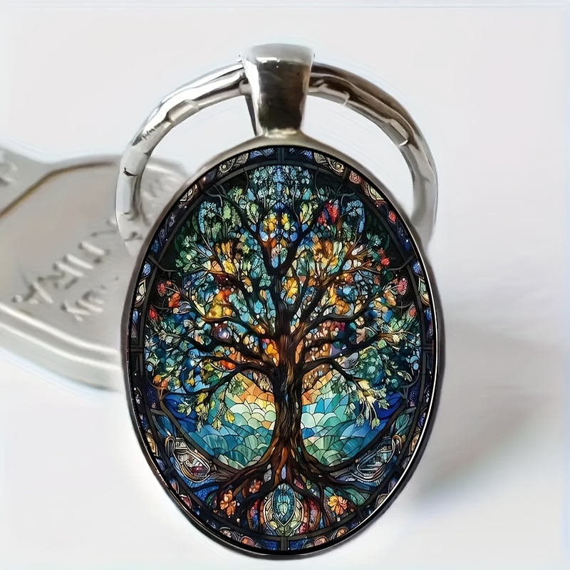 

1 Pc Fashionable And Elegant Tree Pattern Oval Alloy Glass Keychain, Perfect Accessory For Birthday Gifts And Party Celebrations