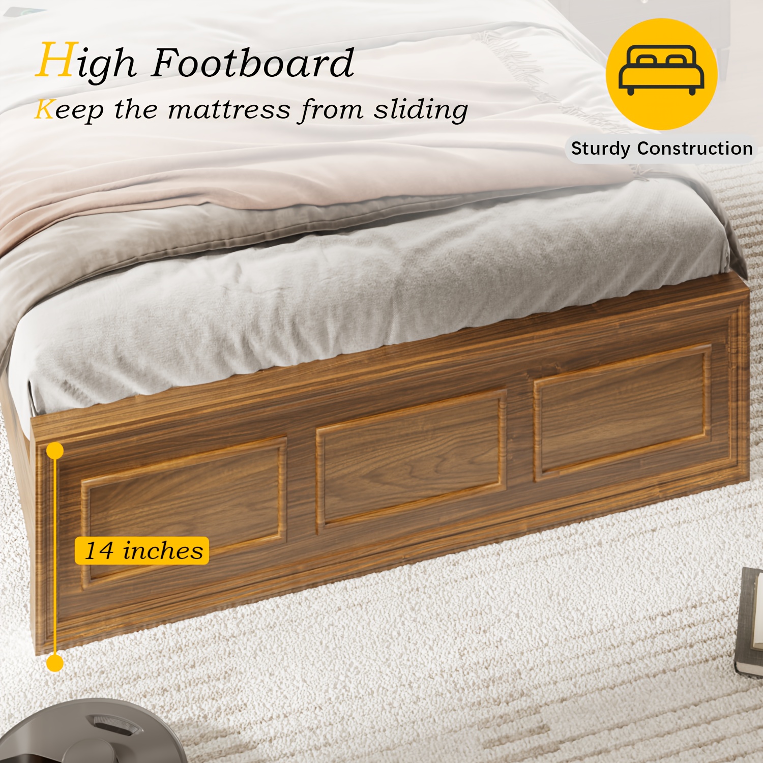 Brown and White Farmhouse Style Platform Bed Frame with Height Adjustable Headboard
