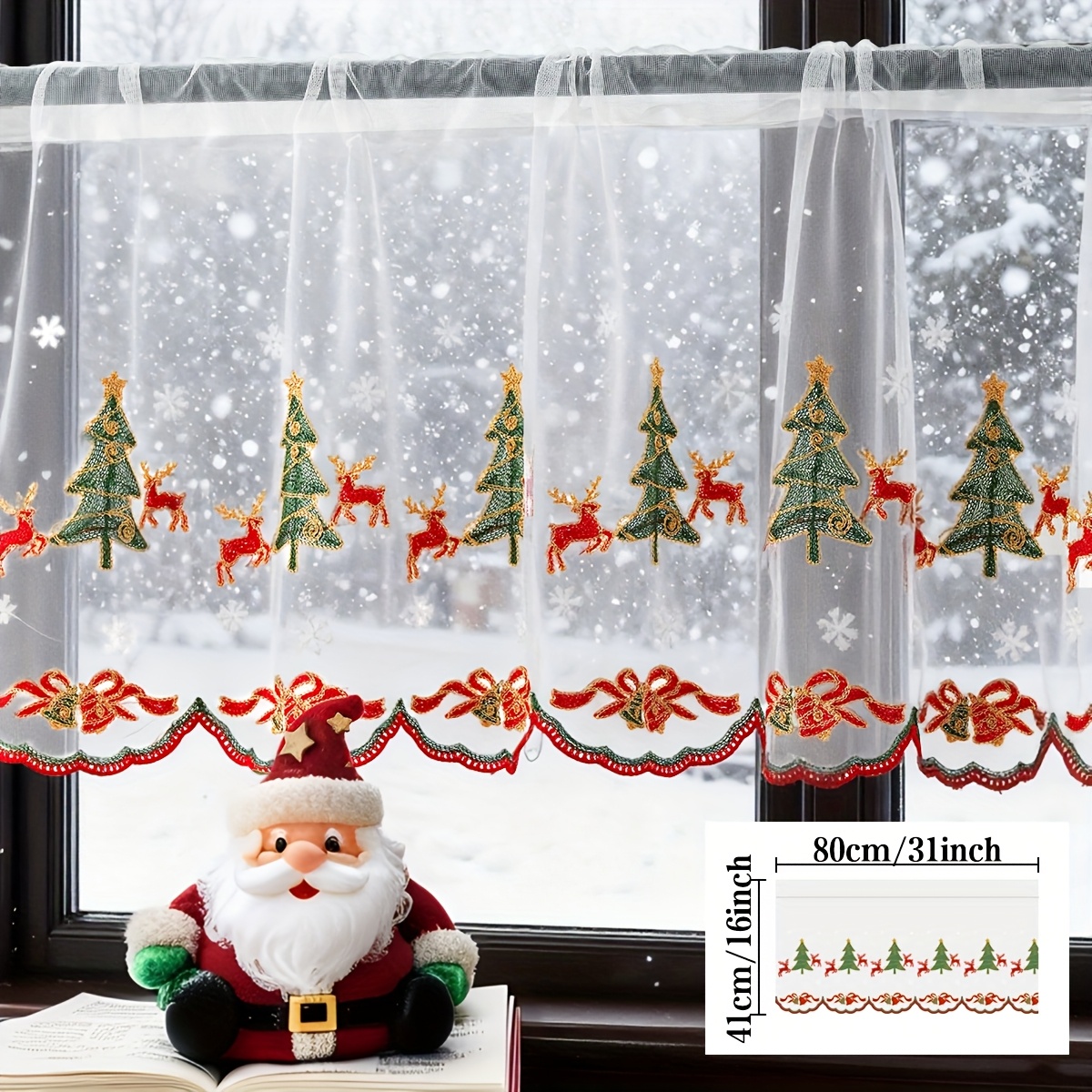 TEMU 1pc Christmas Curtain, Transparent Embroidered Short Curtain With Rod Pocket For , Christmas Tree, Deer, And Snowflake Design, Suitable For