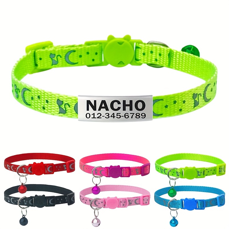 TEMU Adjustable Reflective Nylon Pet Collar With Design, Safety Quick-release + Personalized Laser-engraved Id Tag With Name & Phone - Cats & Small