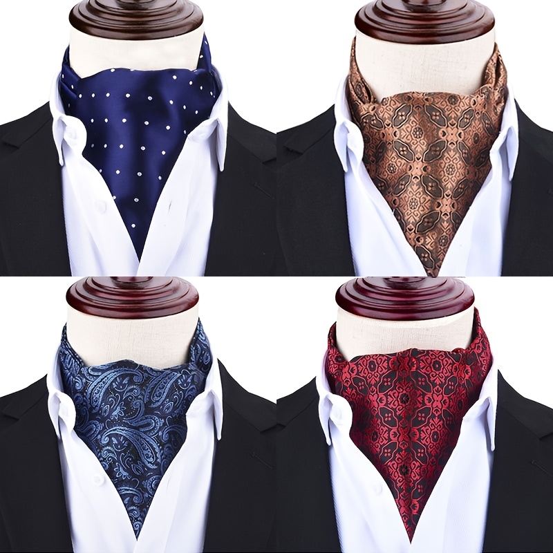 1pc mens vintage ascot tie stylish dark blue red blue white patterned necktie for business and formal occasions polyester fabric classic british style   accessory vintage necktie durable polyester 0