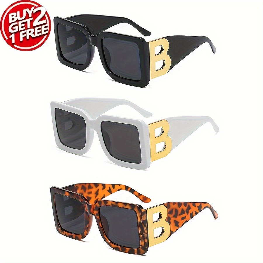 

3pcs Square Oversized Glasses Unisex Stylish With Letter B Design For Men & Women Leopard Temple