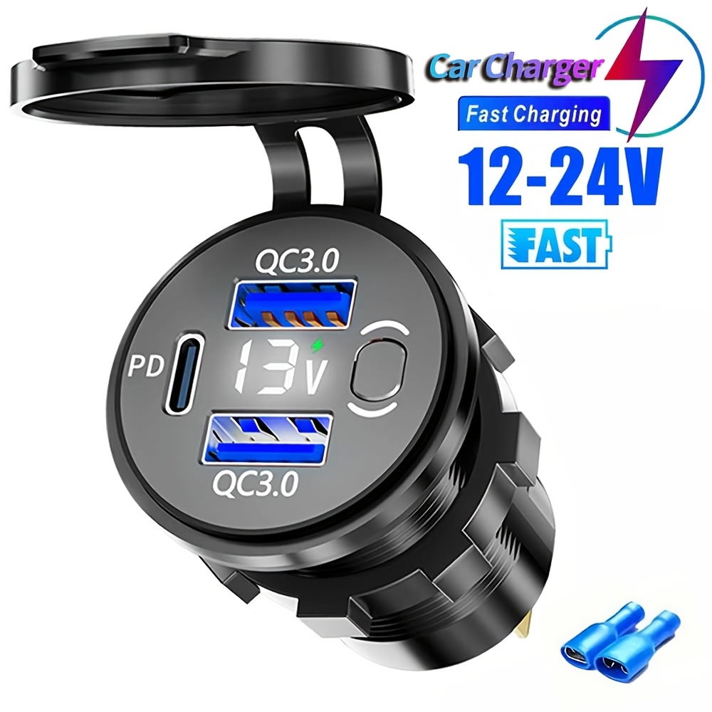 TEMU 1 pièce/2 pièces Prise de voiture USB C 12V 4 ports, chargeur rapide double port Type C PD 3.0 et QC 3.0 avec interrupteur, placement , convient