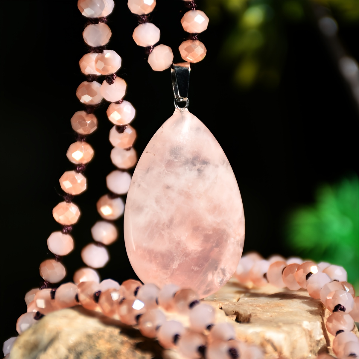 Pink Teardrop Stone Pendant Long Necklace