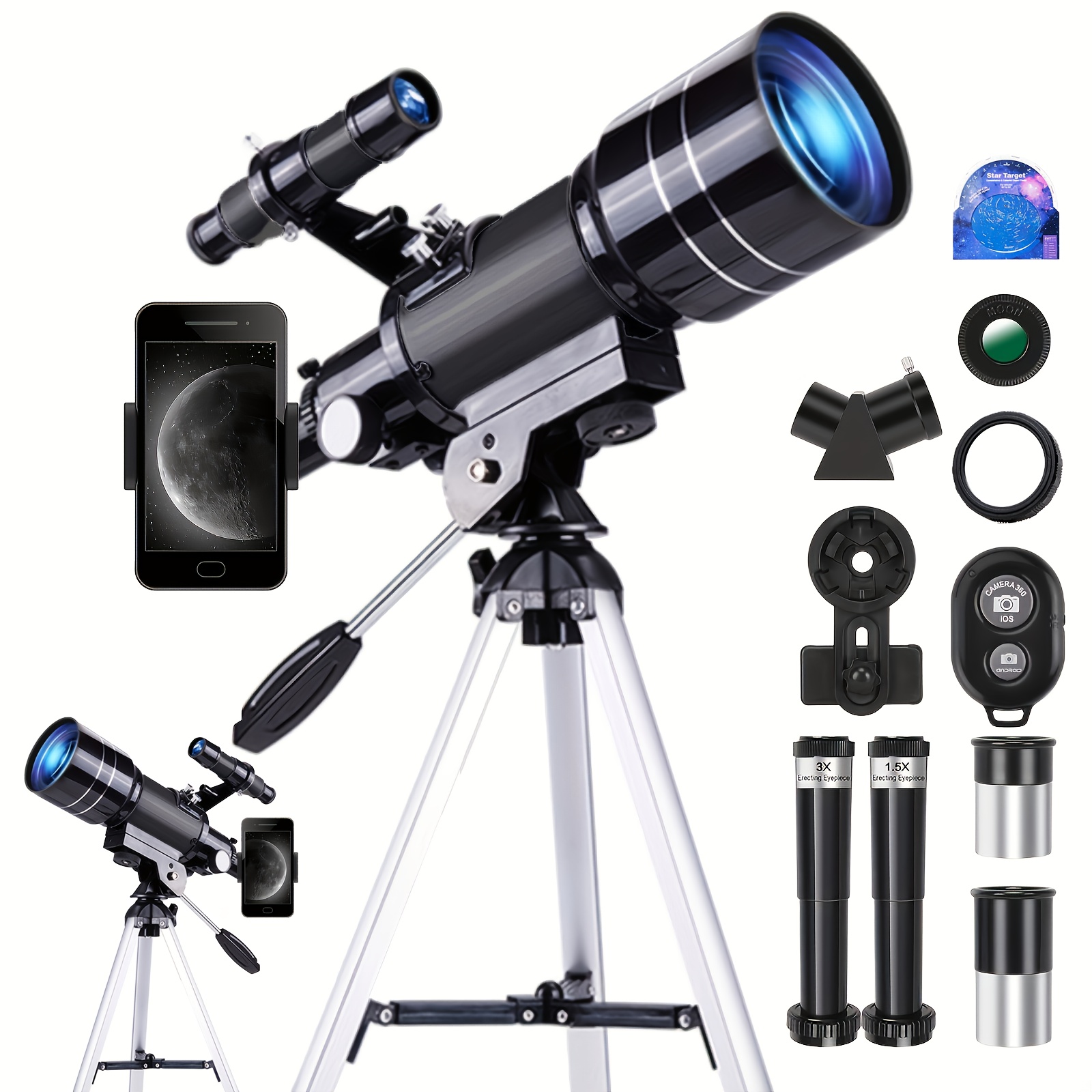 150x Telescope, 70mm Aperture Telescope, High Magnification, Portable Astronomical Telescope, with Tripod Phone Adapter and Wireless Remote Control, Telescope for Phone