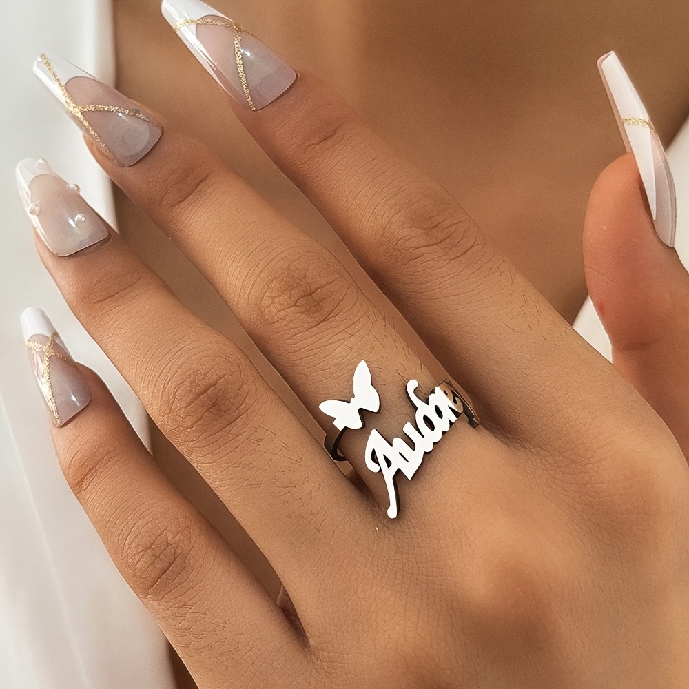 TEMU Custom Cute Name Ring Personalized Minimalist Fashion Nameplate Ring Stainless Steel Opening Adjustable Ring Daily Wear Jewelry Women's Popular
