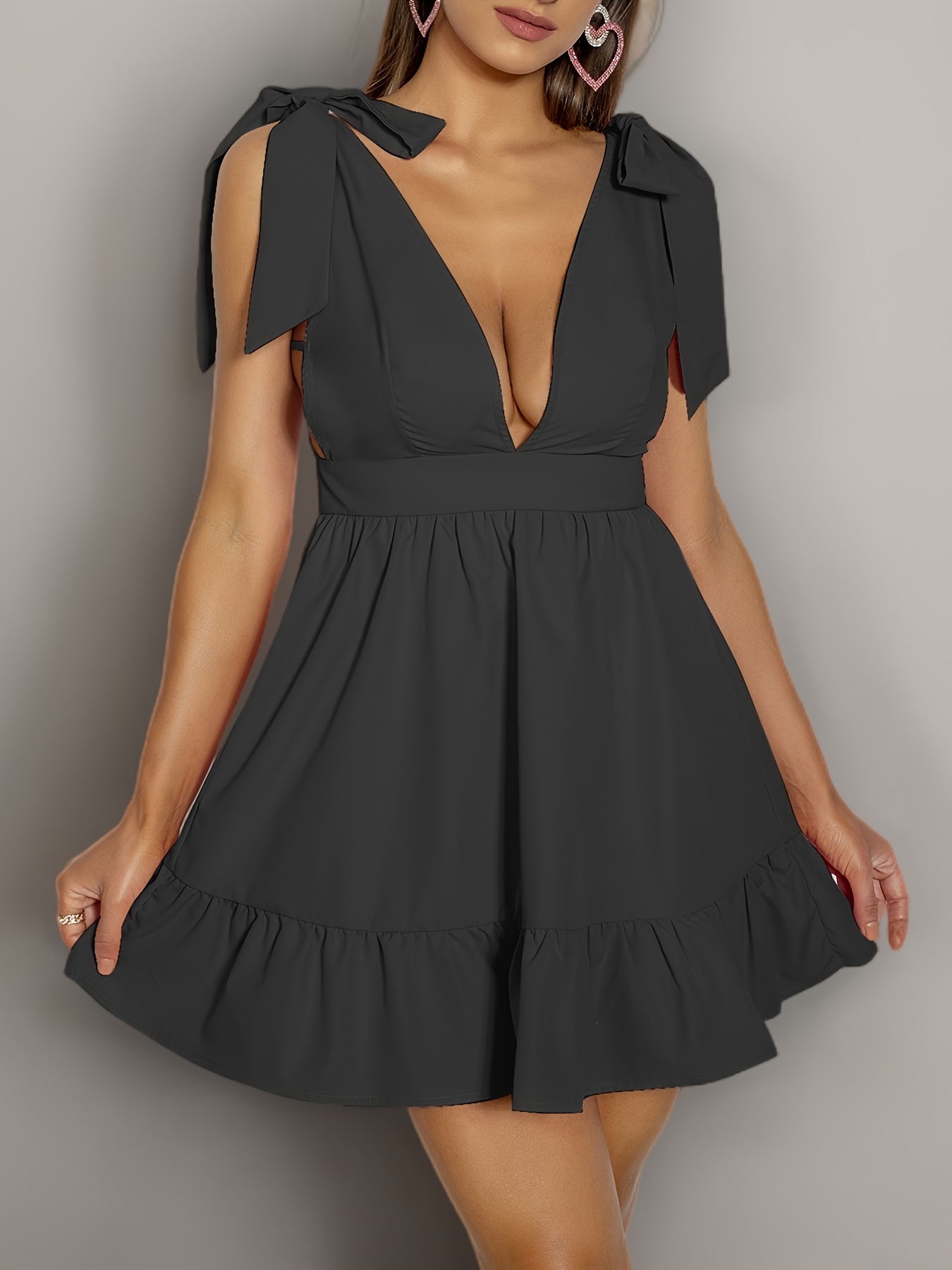 Plunging Neck Backless Ruffle Trim Mesh A Line Dress