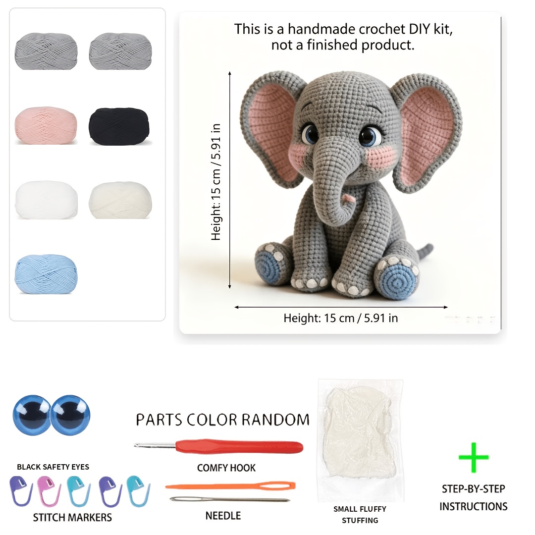 TEMU 1 Set, Baby Elephant Crochet Kit, A Must-have Diy Crochet Kit For Adults(not A Finished Product, Requires Hand Knitting)- Crochet Amigurumi Kit-