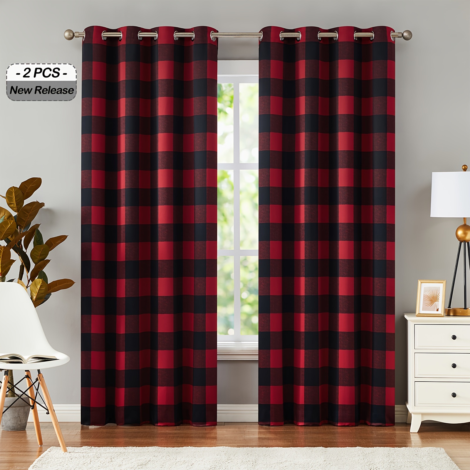 

2pcs Buffalo Check Plaid Blackout Curtains For Bedroom, Living Room Thermal Insulated Room Darkening Noise Reducing Grommet Drapes