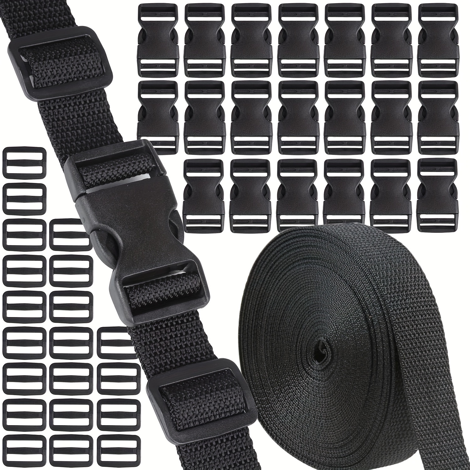 

20 Pack Black Nylon Strap Kit - Dual Adjustable No Sew Buckles For Diy Pet Collars & Bag Accessories - 1 Inch Wide Polyamide Webbing For Crafting Outdoor Gear And Accessory & Keychain Carabiners